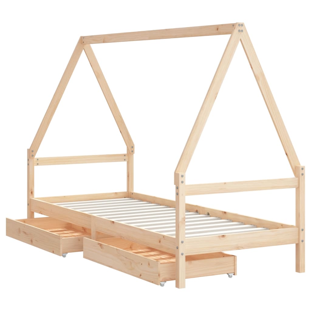 Kids rustic pine house bed frame with storage drawers, perfect for cozy, playful bedrooms.