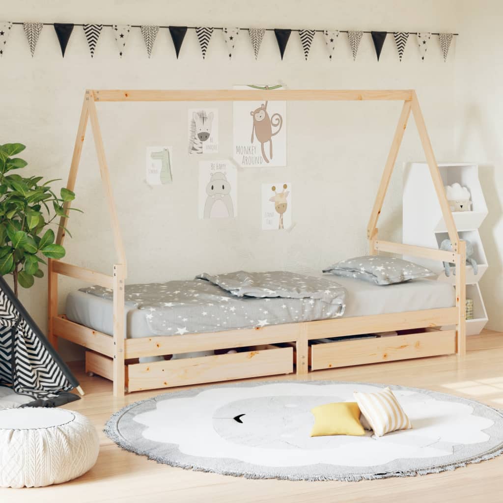 Kids house bed frame in rustic pine with storage drawers, cozy and functional design.