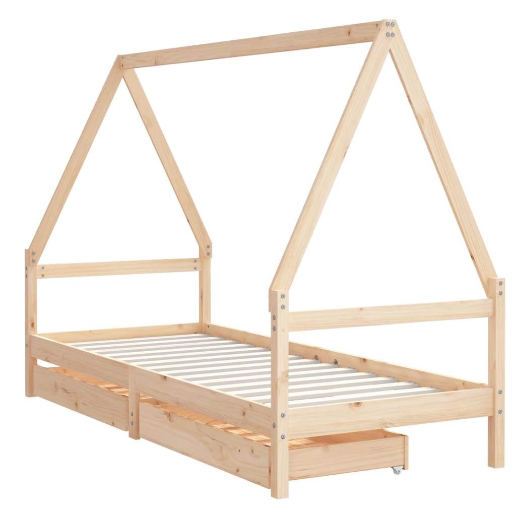 Kids house bed frame with rustic pine finish and storage drawers for playfully organized bedrooms.