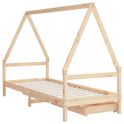 Kids house bed frame with storage drawers in rustic pine for charming bedroom decor.