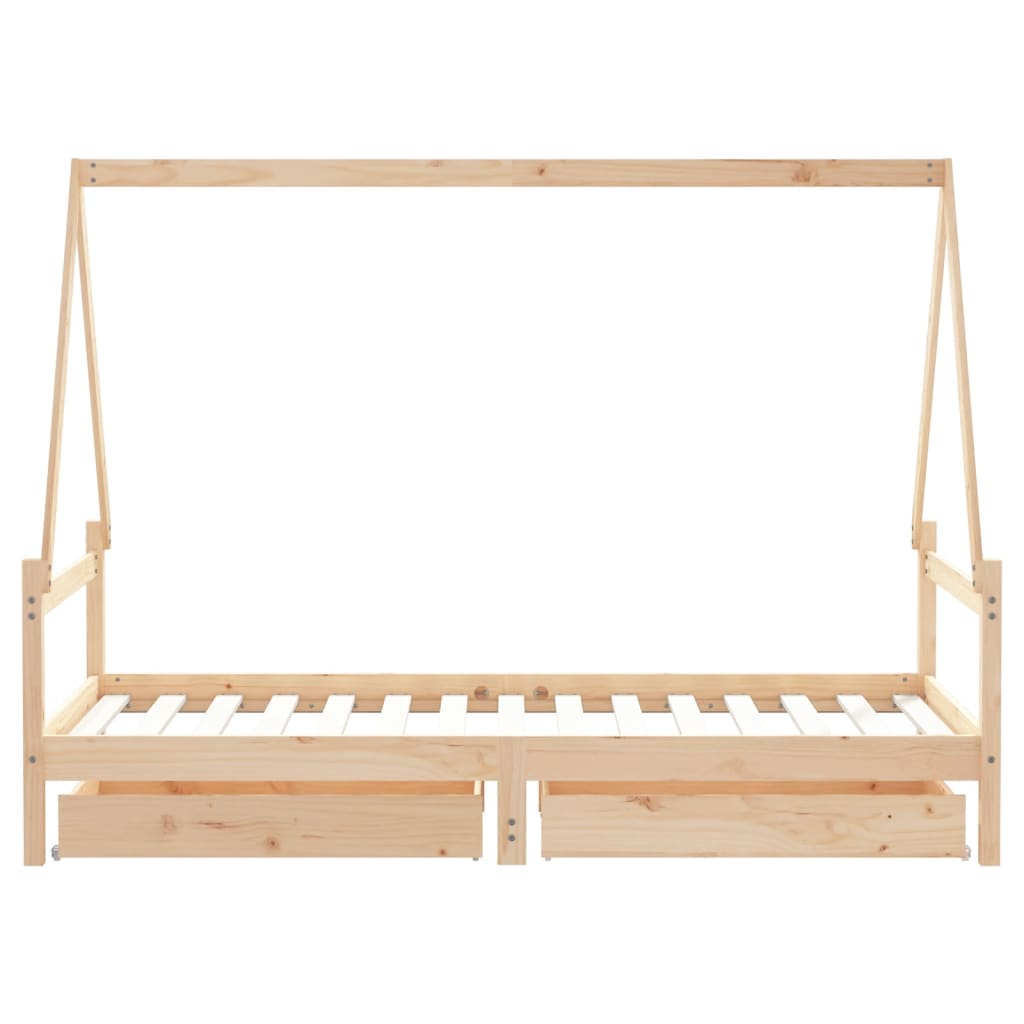 Kids house bed frame in rustic pine with storage drawers for playful, organized bedroom.