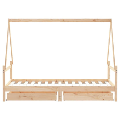 Kids house bed frame in rustic pine with storage drawers for playful, organized bedroom.