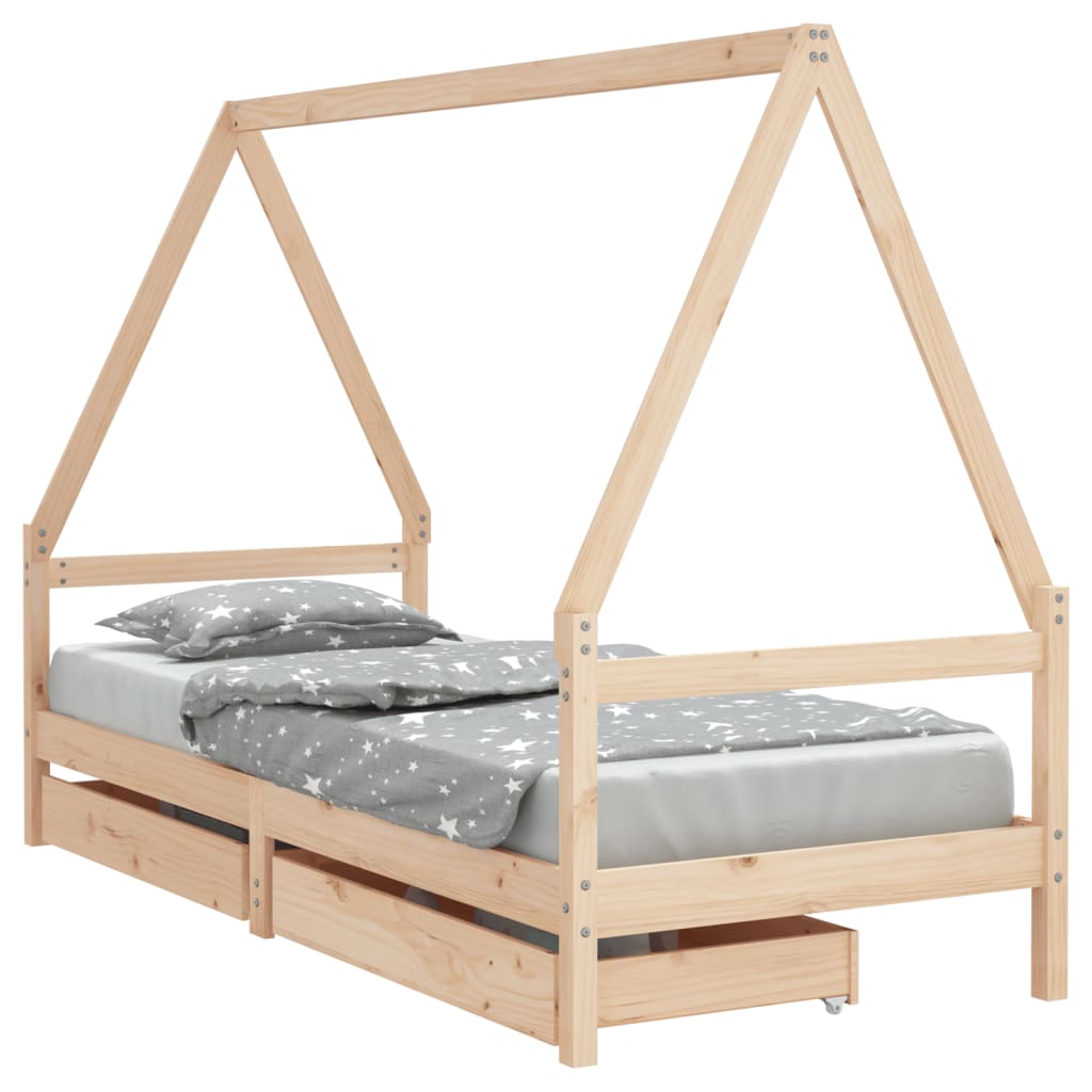 Kids house bed frame with rustic pine finish and storage drawers for playful bedroom dÃ©cor.