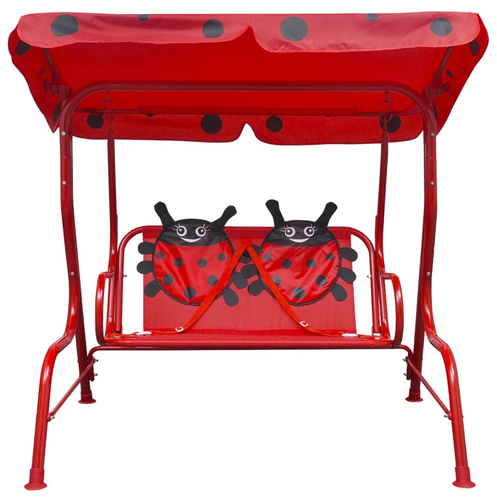 Red ladybird-themed garden swing with covered seat for childrens outdoor play and relaxation.