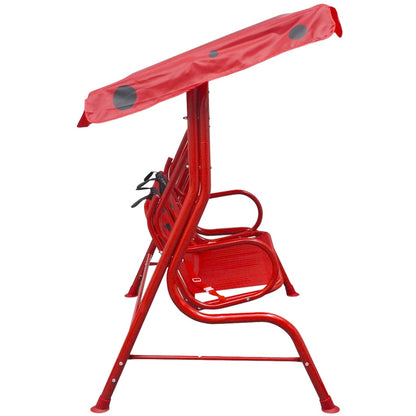 Red Ladybird covered swing for kids outdoor fun and play in the garden.