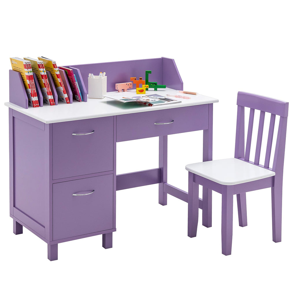 Kids Purple Study Desk and Chair Set with Storage for Ages 4+