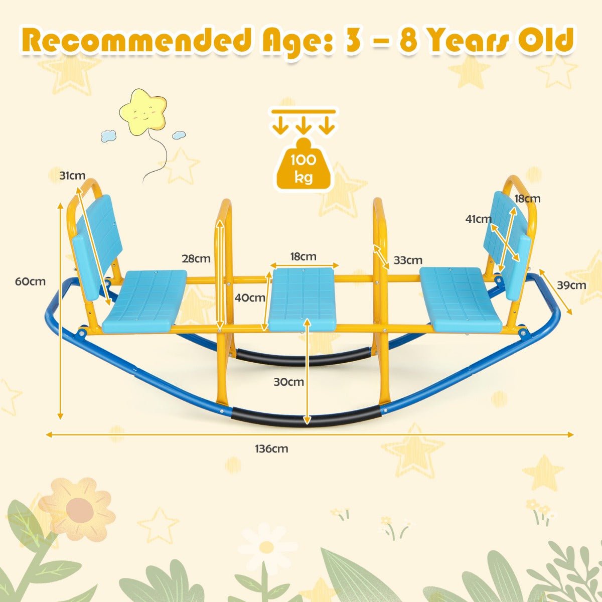 3-Seat Rocking Seesaw with Handlebars