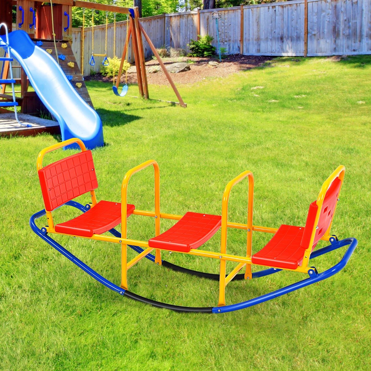 Kids Rocking Seesaw: Metal Construction with Secure Handlebars