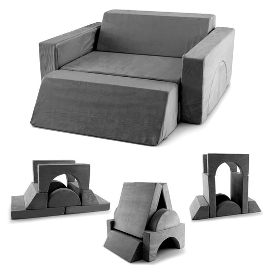 Kids play sofa set in washable grey covers, featuring modular design for versatile playtime.