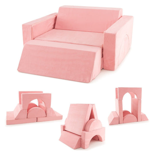 Kids 8-piece play sofa set in washable pink cover for imaginative home playtime.