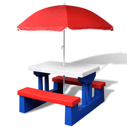 Vibrant kids picnic table set with umbrella, perfect for outdoor play and dining.