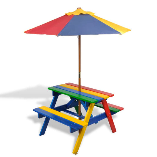 Vibrant kids picnic table with parasol, perfect for outdoor play and dining.