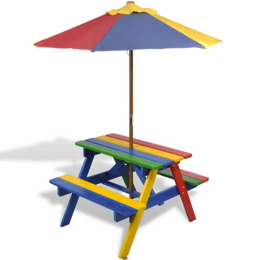 Vibrant kids wooden picnic table set with parasol for outdoor fun and playtime.