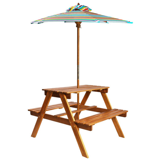 Kids picnic table with parasol for outdoor play - colorful, sturdy, and fun furniture.