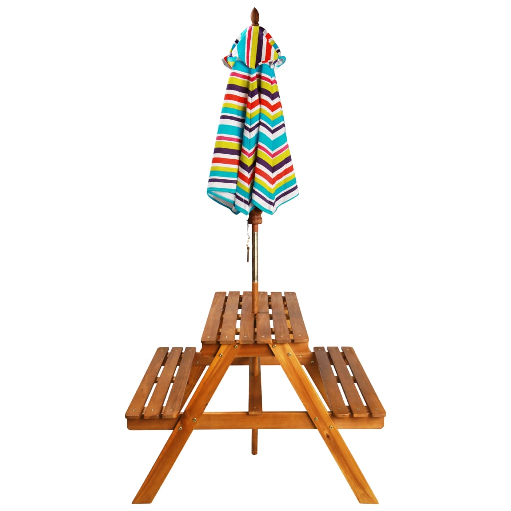 Kids wooden picnic table with parasol for outdoor play fun at home.