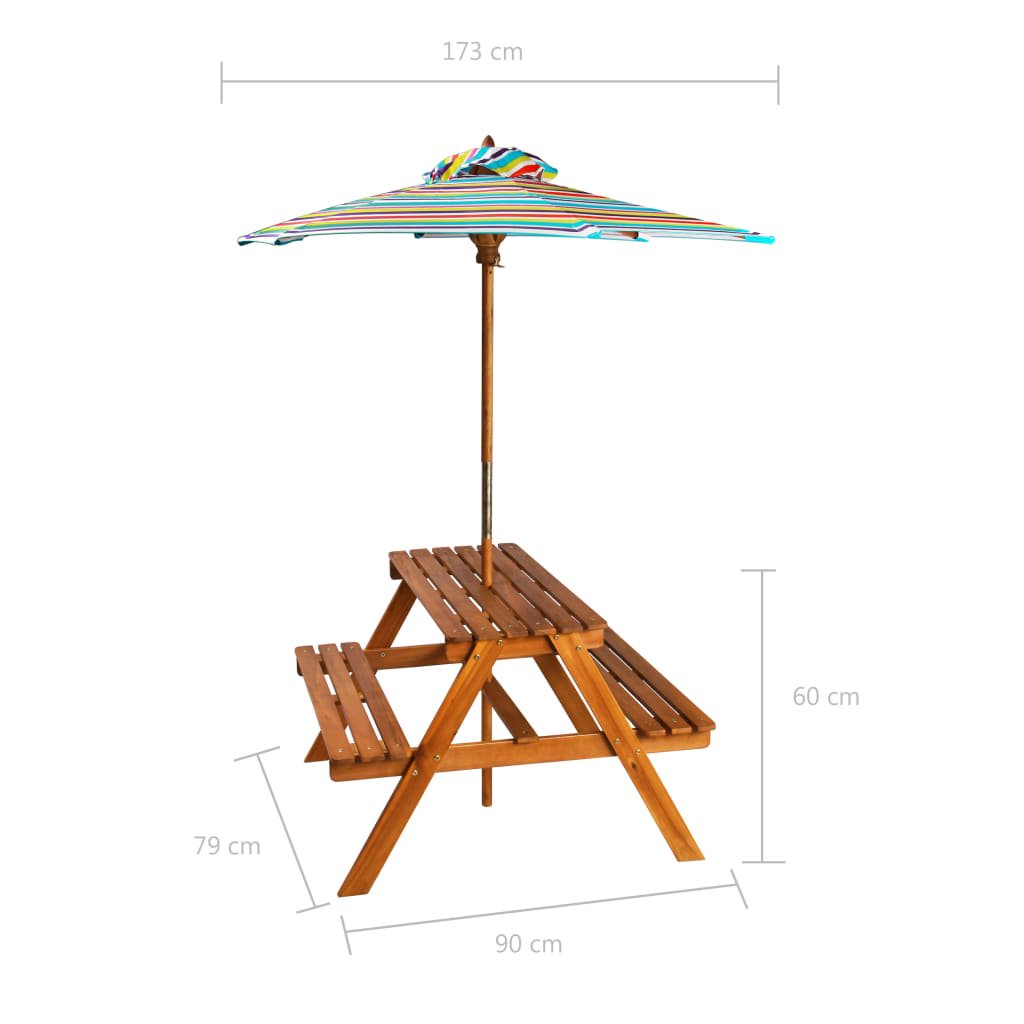 Kids picnic table with parasol for outdoor play, sized perfectly for young children.