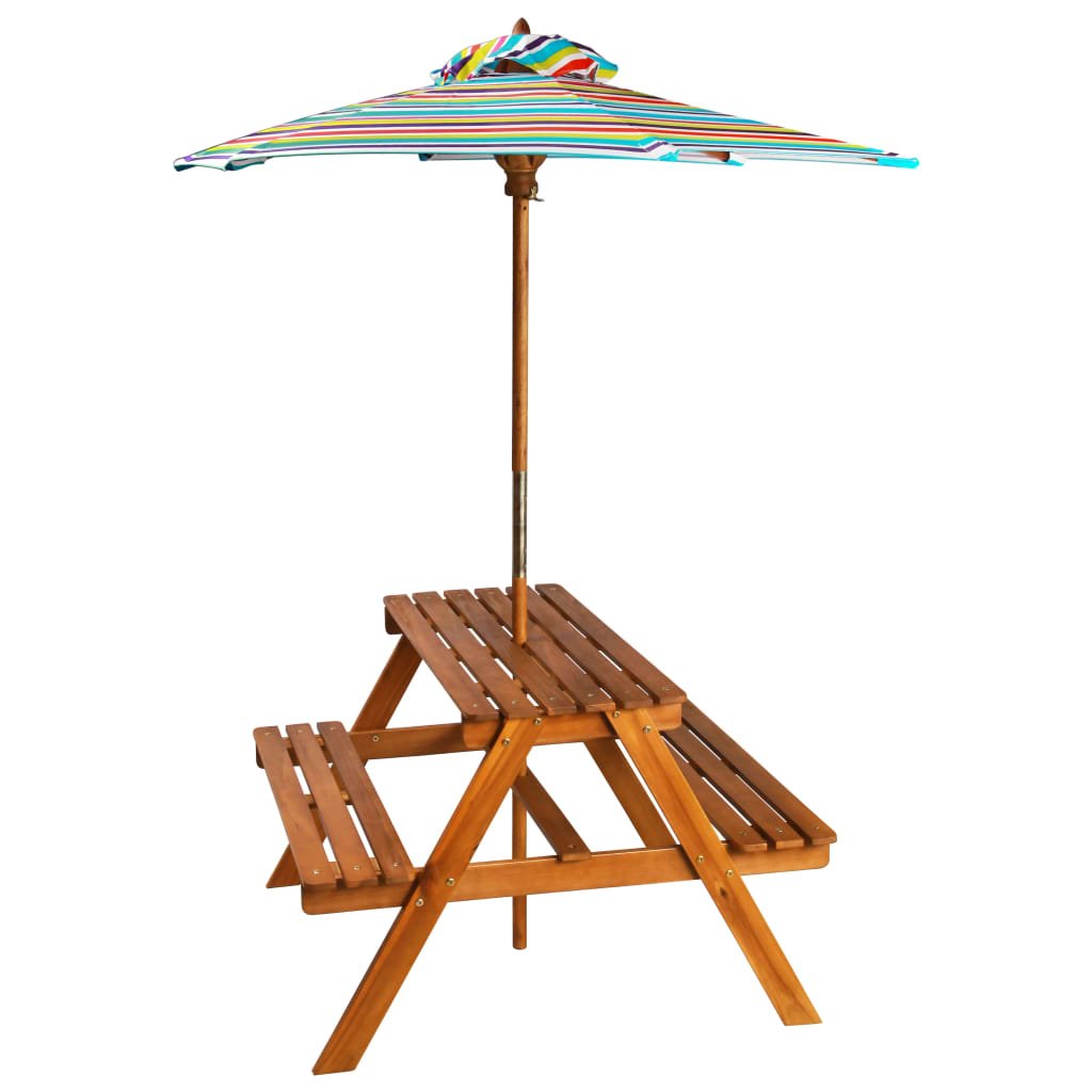 Kids picnic table with parasol for outdoor play, uniquely crafted wooden furniture.