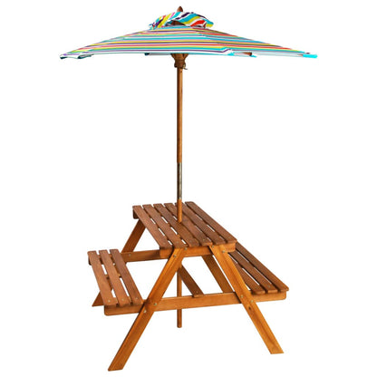 Kids picnic table with parasol for outdoor play, uniquely crafted wooden furniture.