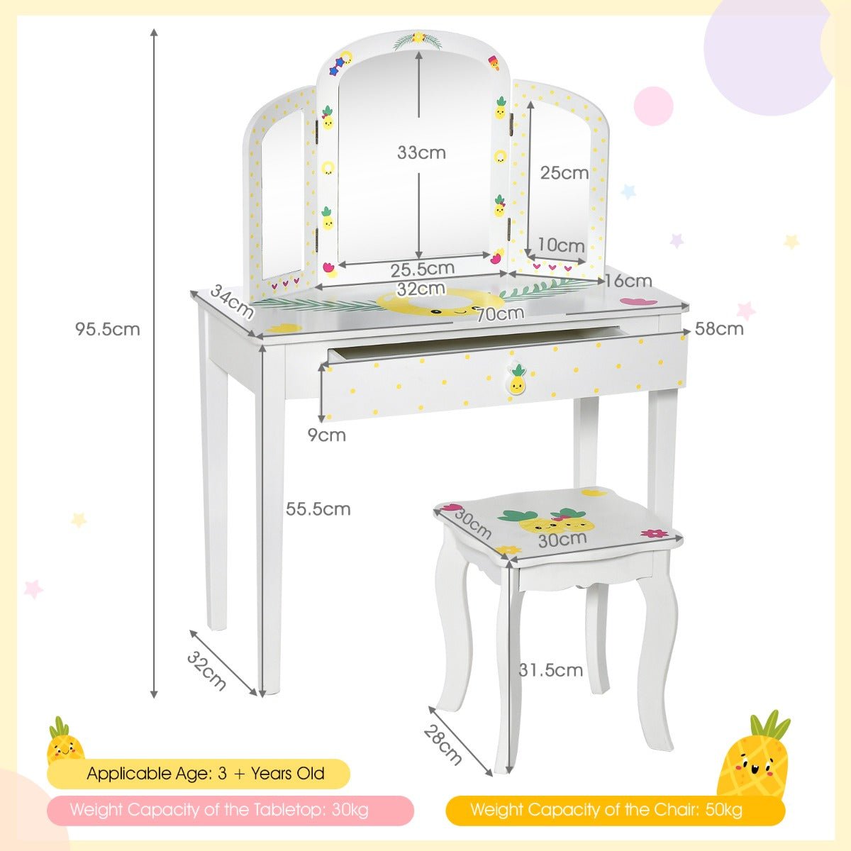 Measurements Kids Pineapple Vanity Table and Chair Set with Tri-Folding Mirror