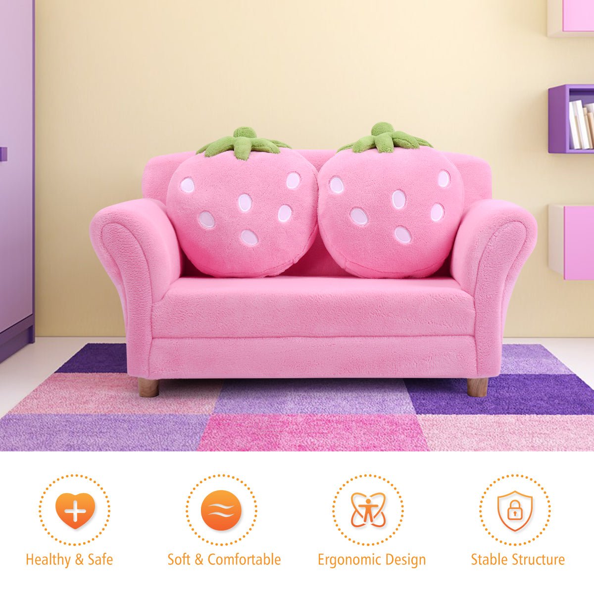 Children's 2-Seat Sofa: Lounge Bed with Cute Strawberry Pillows for Kids