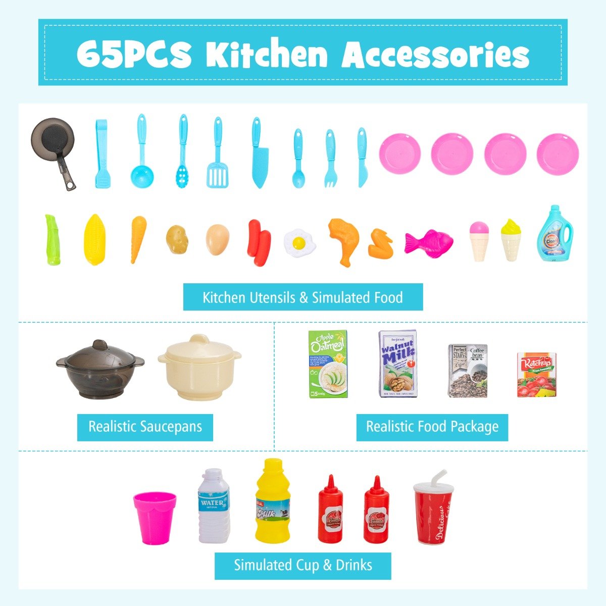 Pretend Play Delight: Play Kitchen Set with 65-Piece Accessories & Blue Steam