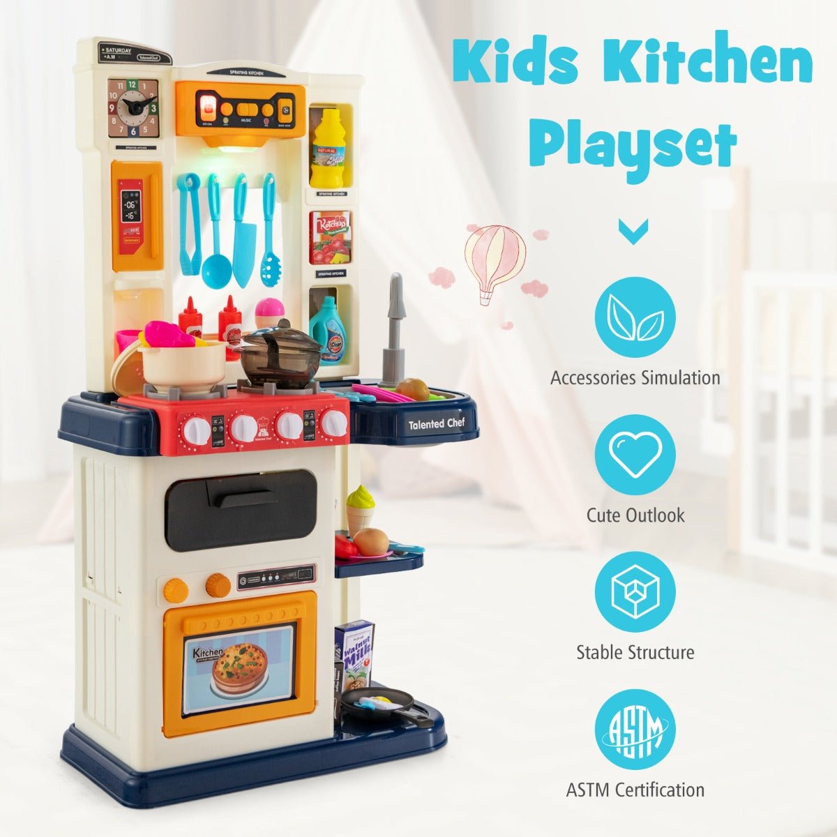 Play and Learn: Kitchen Set with 65-Piece Accessories & Pretend Steam for Kids