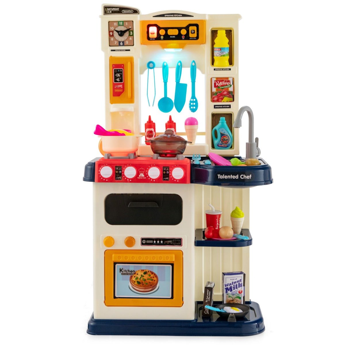 Creative Blue Play Kitchen Set with 65-Piece Accessories & Pretend Steam for Kids