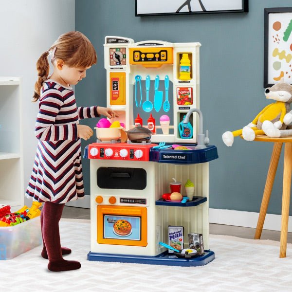 Imaginative Kids Play Kitchen Set with 65-Piece Accessories & Blue Pretend Steam
