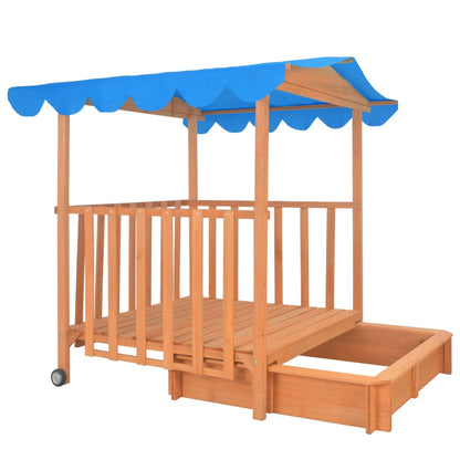 Wooden playhouse with sandbox and roof, perfect for backyard garden fun for kids.