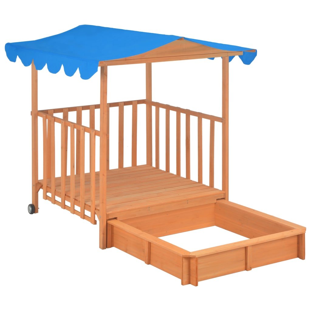 Wooden playhouse with sandbox and roof for backyard fun - ideal garden play equipment.