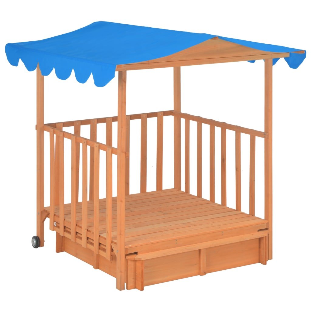 Wooden playhouse with sandbox and roof, ideal for backyard fun for kids.