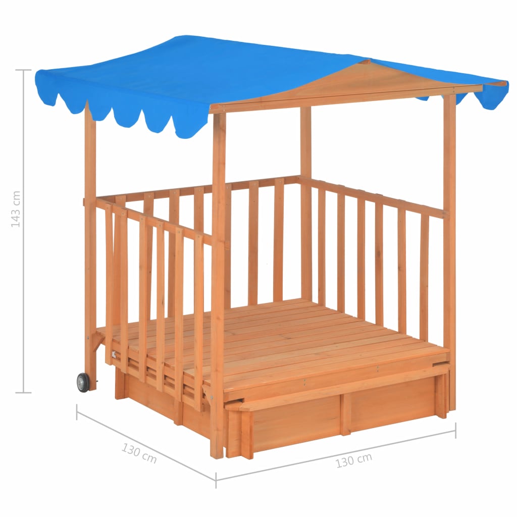 Wooden playhouse with sandbox and roof, ideal for backyard fun and imaginative play.