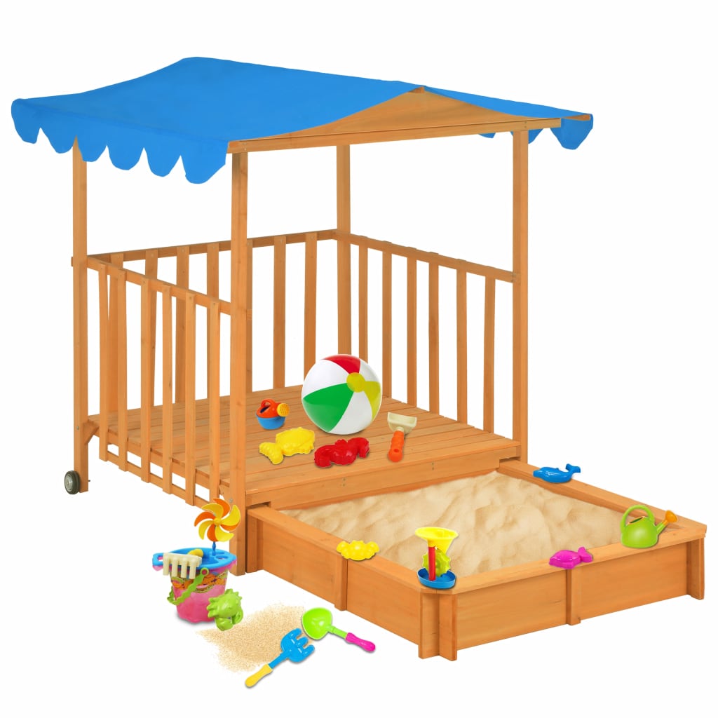 Wooden playhouse with sandbox and roof - perfect for kids outdoor play and creativity.