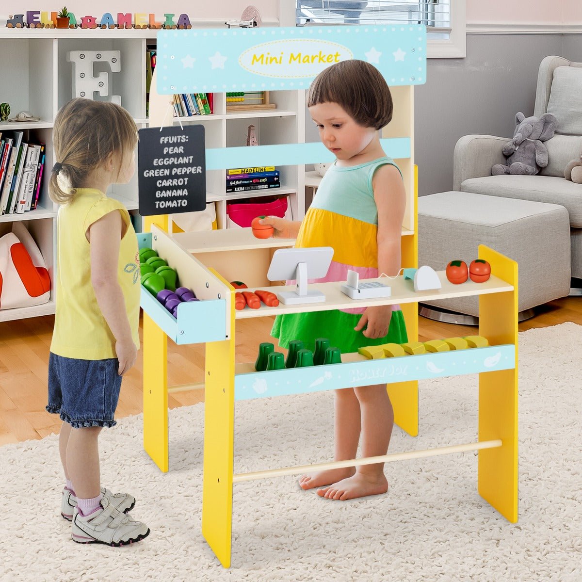 Wooden Pretend Grocery Store Playset with Cash Register for Kids