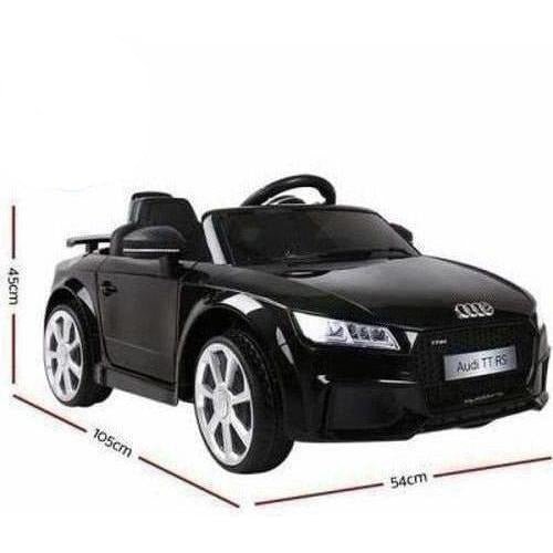 Black Audi TT RS 12V ride-on car for kids, licensed and designed for home play.