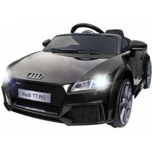 Black Audi TT RS 12V ride-on car for kids, licensed design for home play.