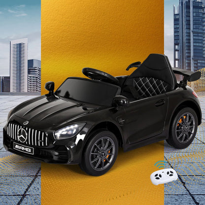 Black Mercedes Benz AMG GTR 12V Ride-On Car for Kids, luxury electric toy vehicle.