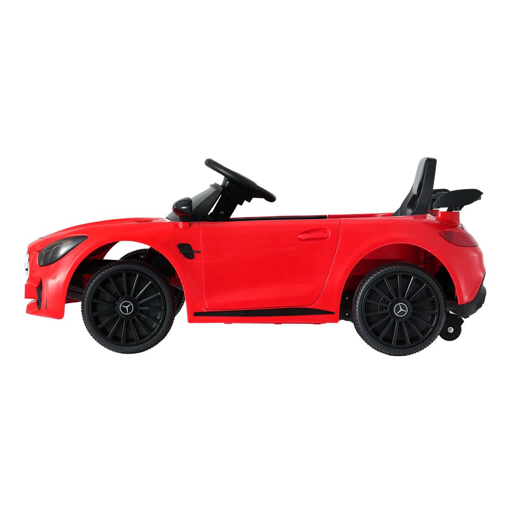 Red Mercedes-Benz AMG GTR electric ride-on car for kids, 12V toy car home play.