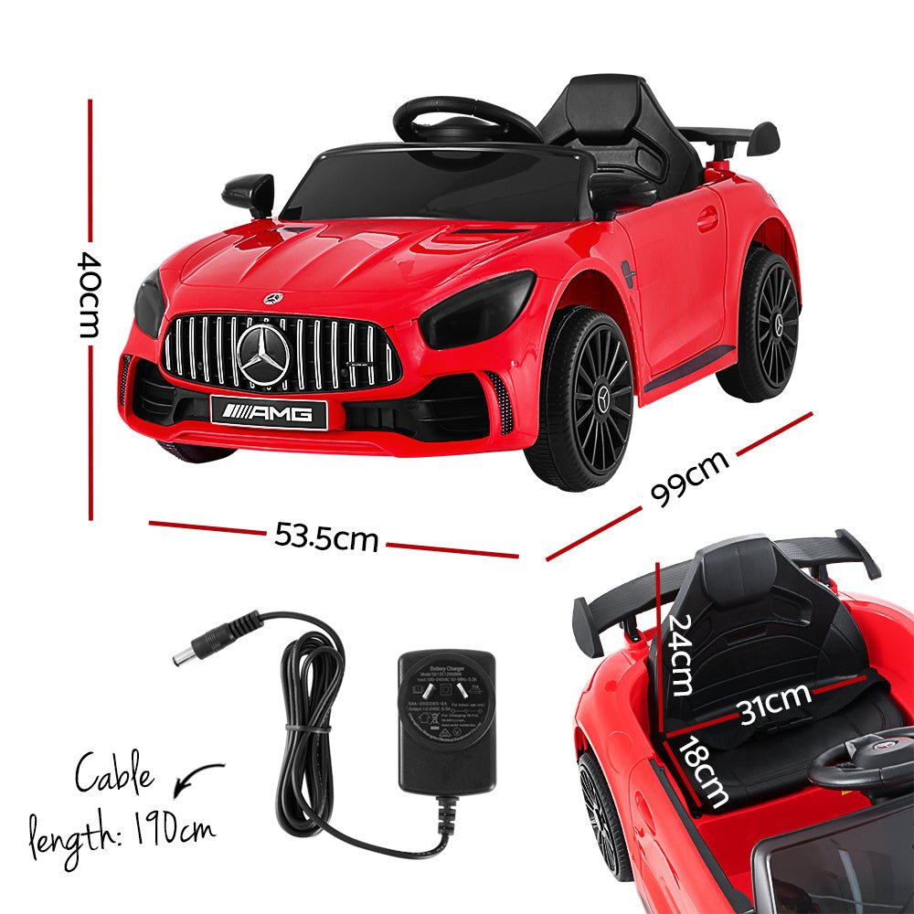 Red Mercedes-Benz AMG GTR ride-on car 12V electric toy for kids at-home play.