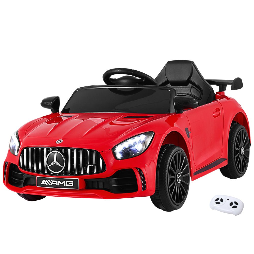 Red Mercedes-Benz AMG GTR electric ride-on car for kids thrilling indoor adventures.