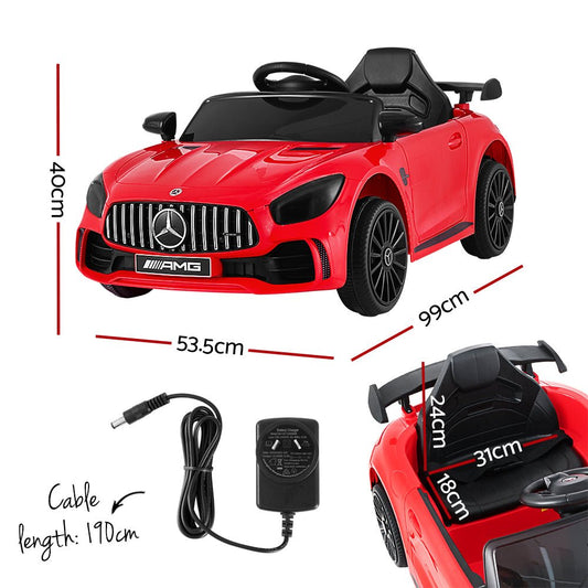 White Mercedes-Benz AMG GTR electric ride-on car for kids, 12V toy car.