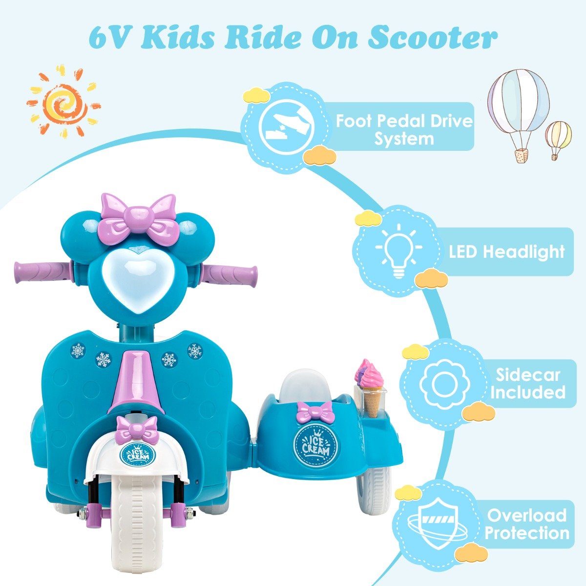 Explore in Style: Blue Kids Ride-On Motorbike with Removable Sidecar