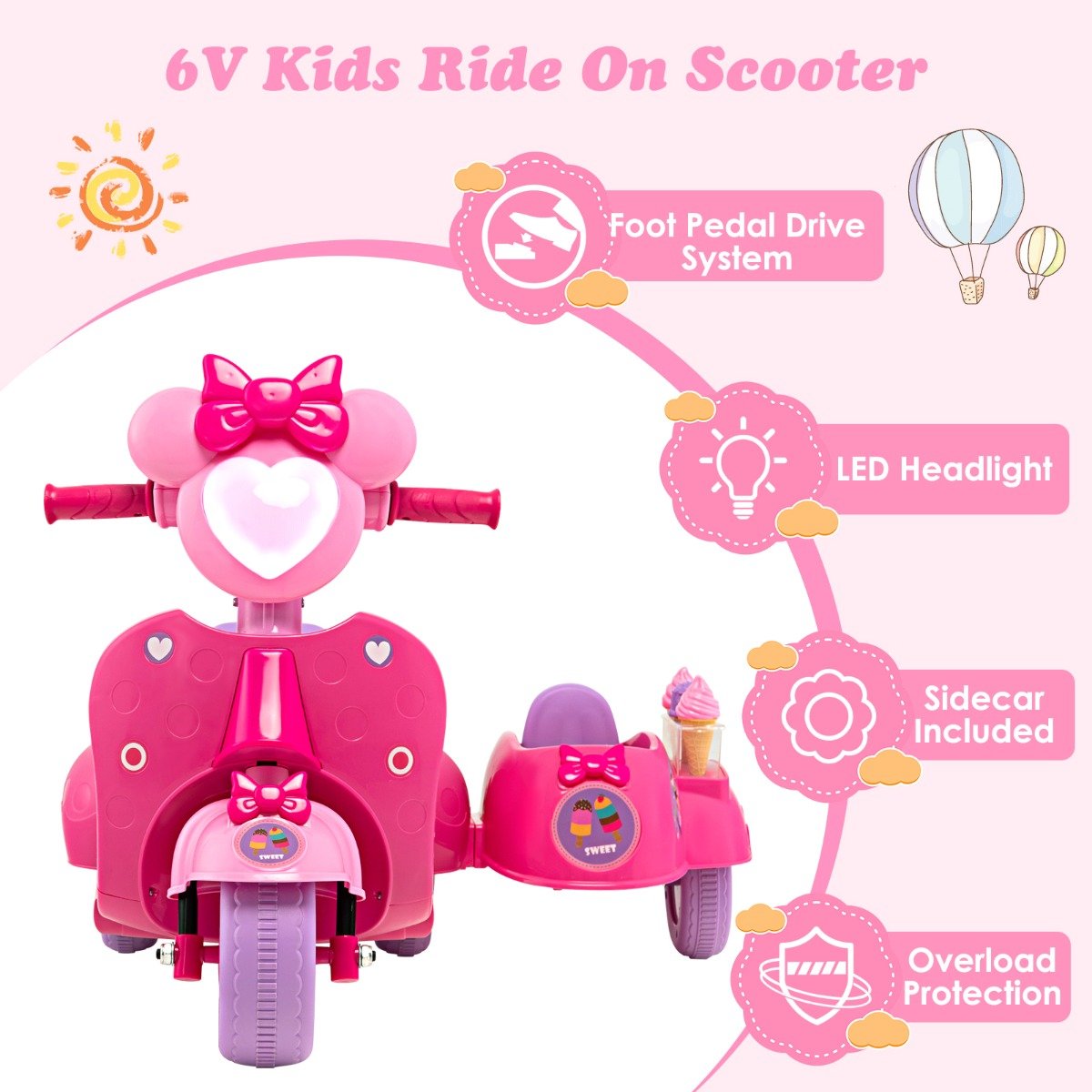 Explore in Style: Pink Kids Ride-On Motorbike with Removable Sidecar