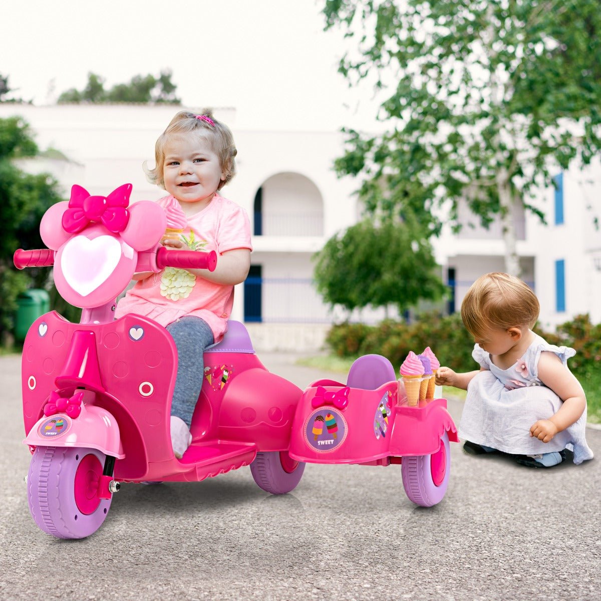 Pink Kids Ride-On Motorbike with Removable Sidecar: Adventure Awaits