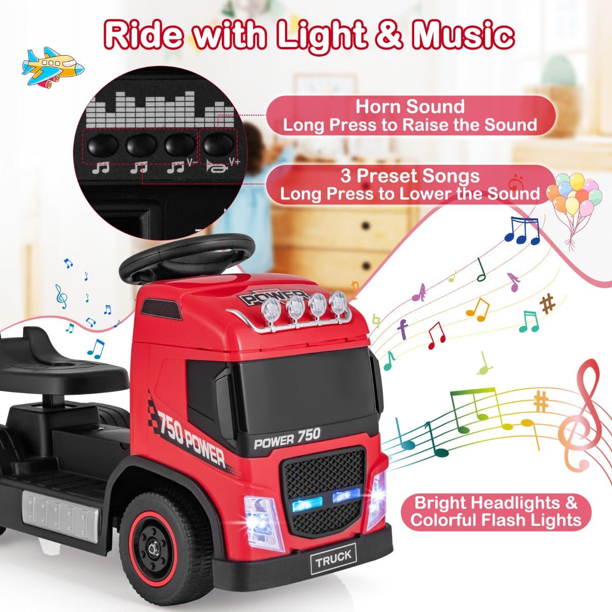 Lively Red Ride-On with Music for Kids