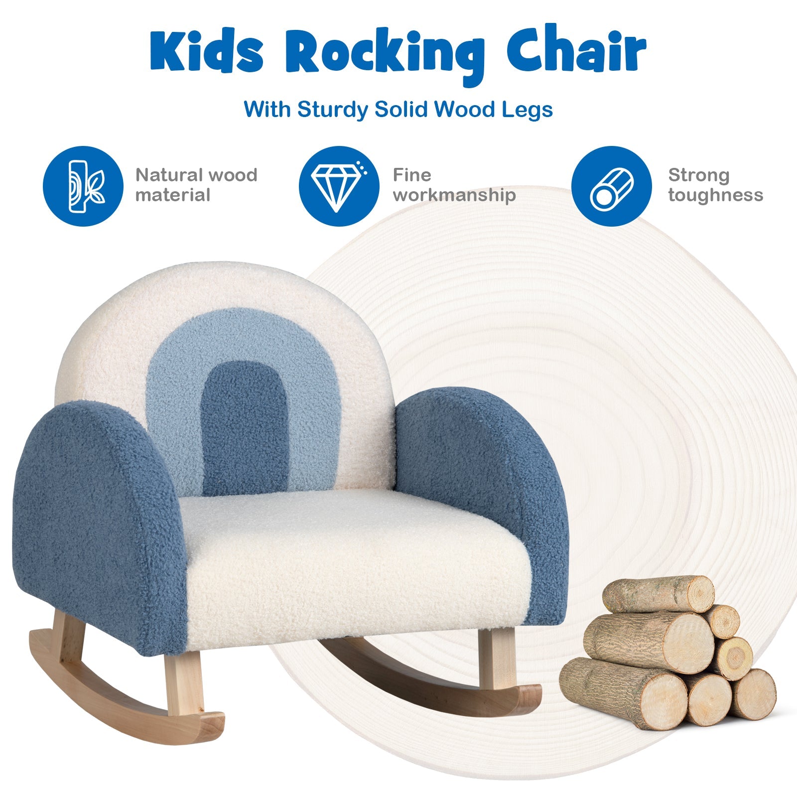  Blue Rocking Chair - Kids 3-5 Years, Durable Wood Leg