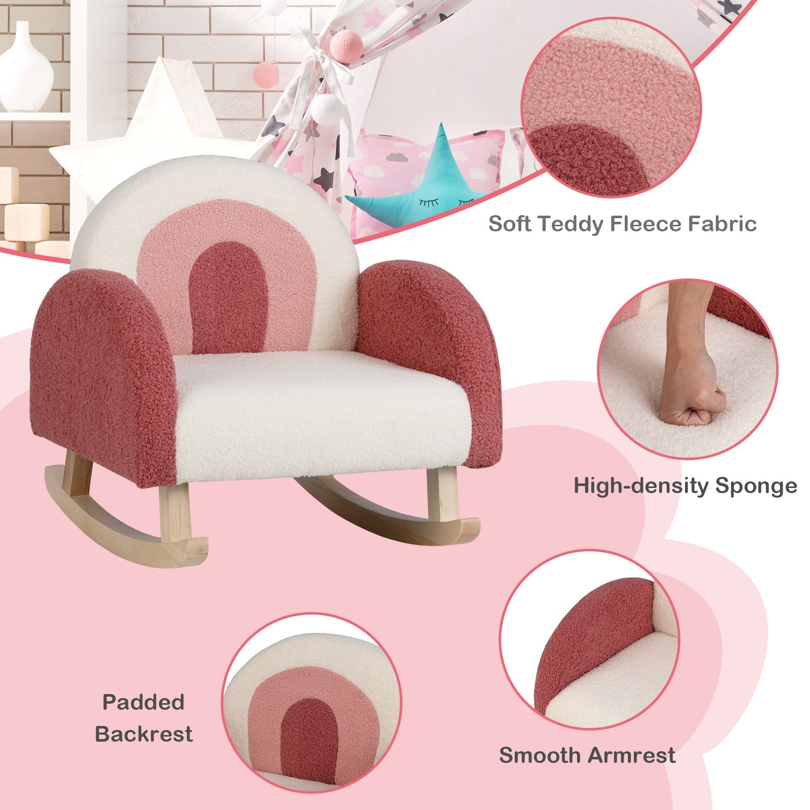 Kids Rocking Chair - Pink, Solid Wood Leg, 3-5 Years
