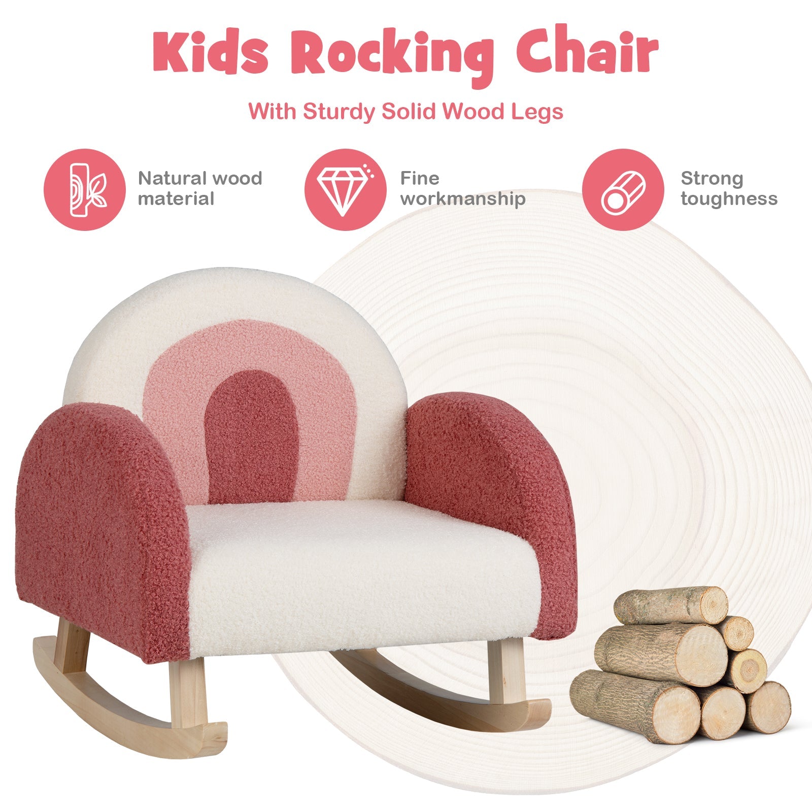Pink Rocking Chair - Kids 3-5 Years, Solid Wood Leg