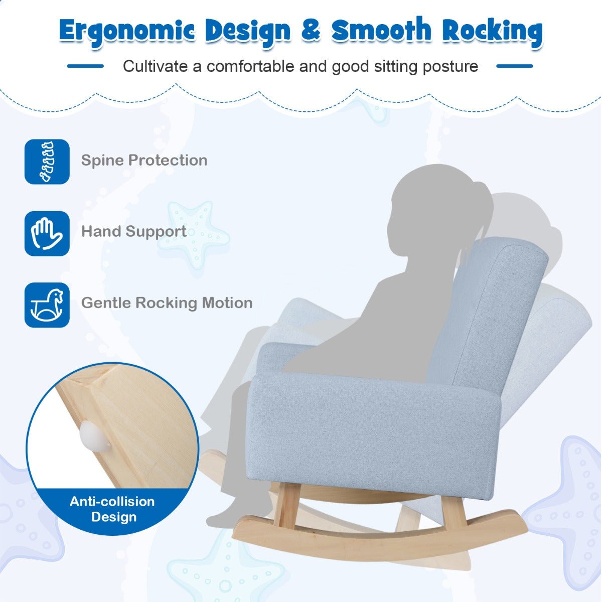 Kids Rocking Chair - Blue, Wood Legs, Anti-tipping Design for Relaxation