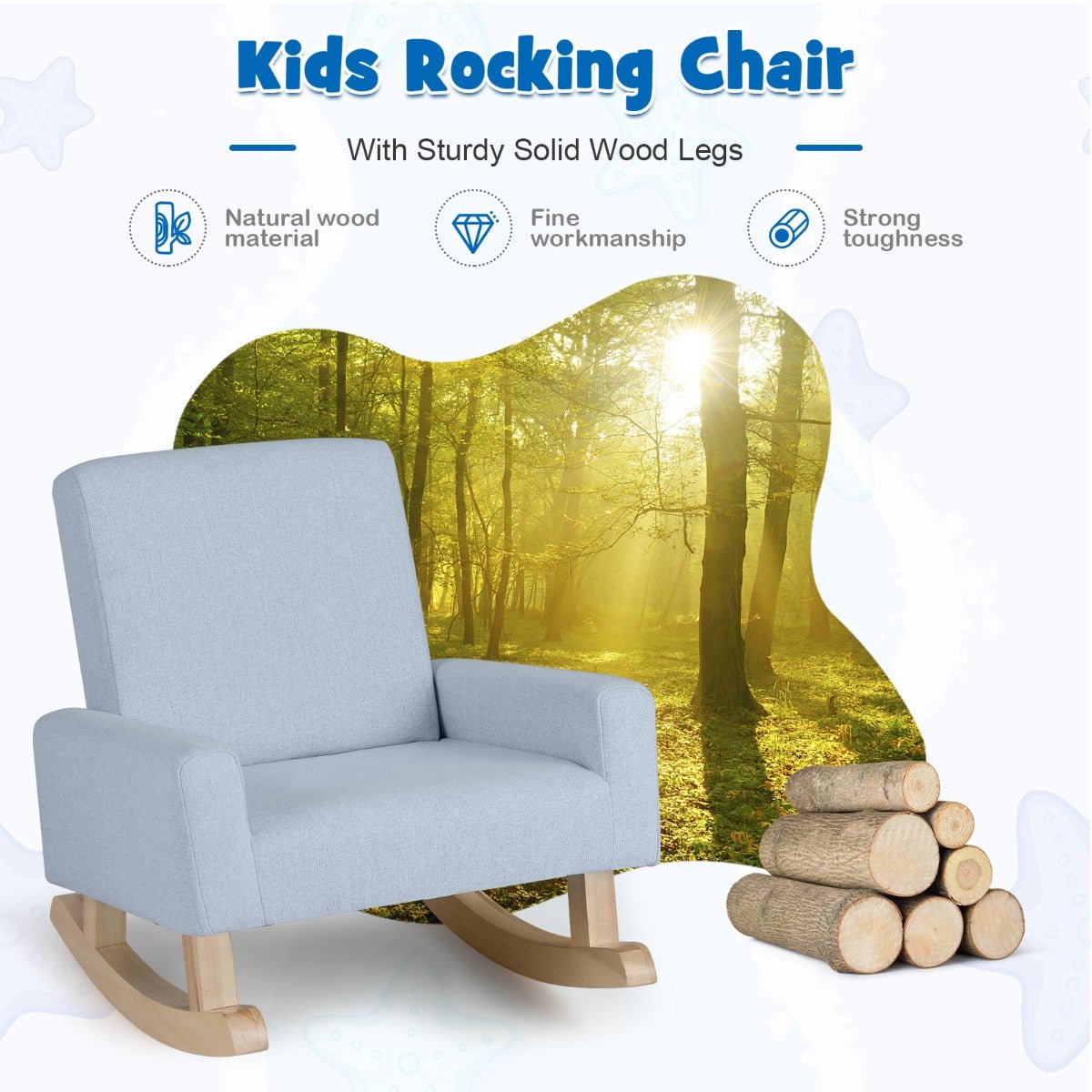 Blue Kids Rocker Chair - Sturdy Wood Legs, Anti-tipping Design for Fun